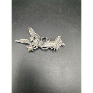 Vintage Signed JJ Pewter Angel Brooch / Pin With Iridescent Star